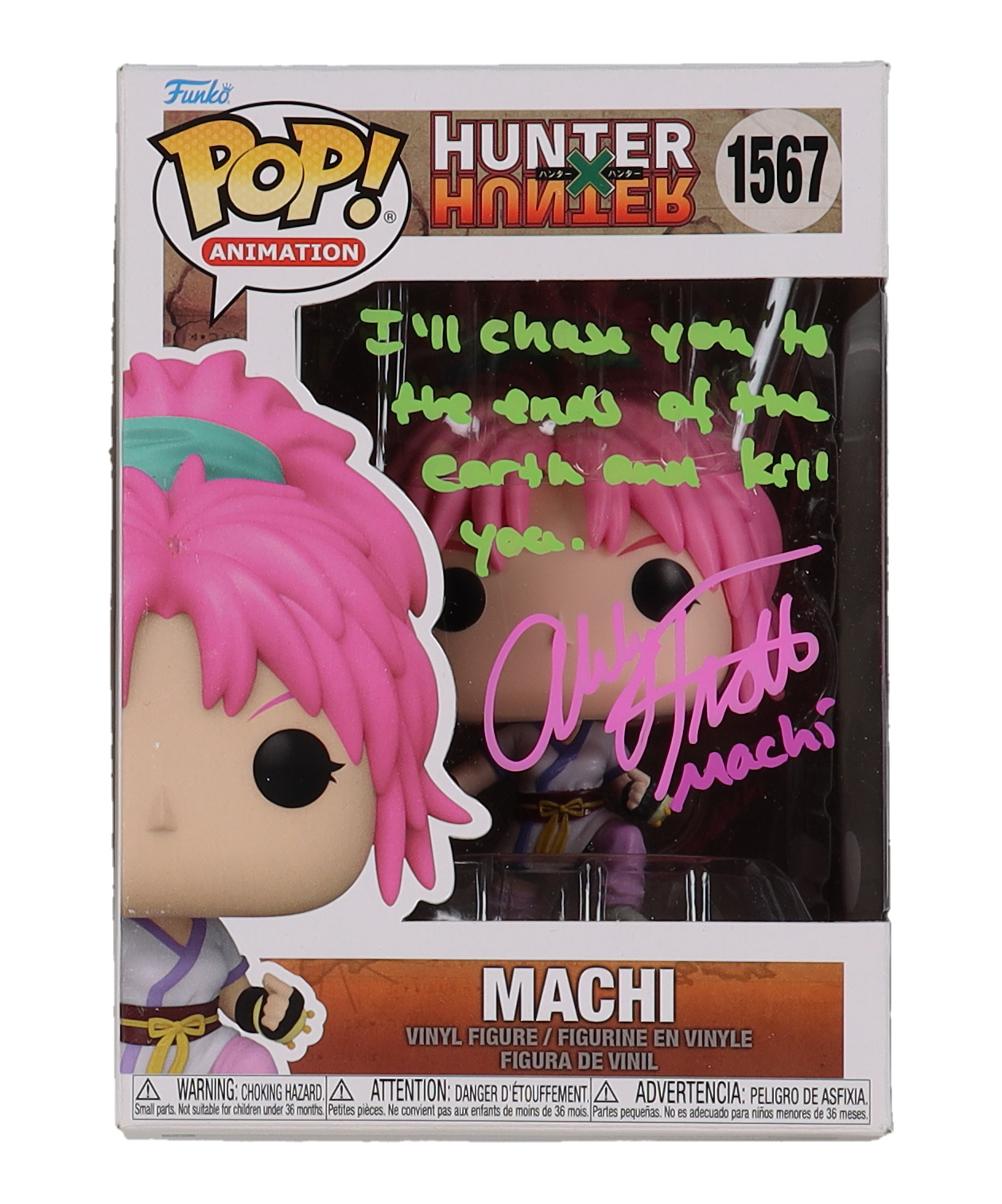 Abby Trott Signed "Hunter x Hunter" #1567 Machi Funko Pop! Vinyl Figure with Extensive Inscription (JSA) at PristineAuction.com Abby Trott Signed "Hunter x Hunter" #1567 Machi Funko Pop! Vinyl Figure with Extensive Inscription (JSA) at PristineAuction.com