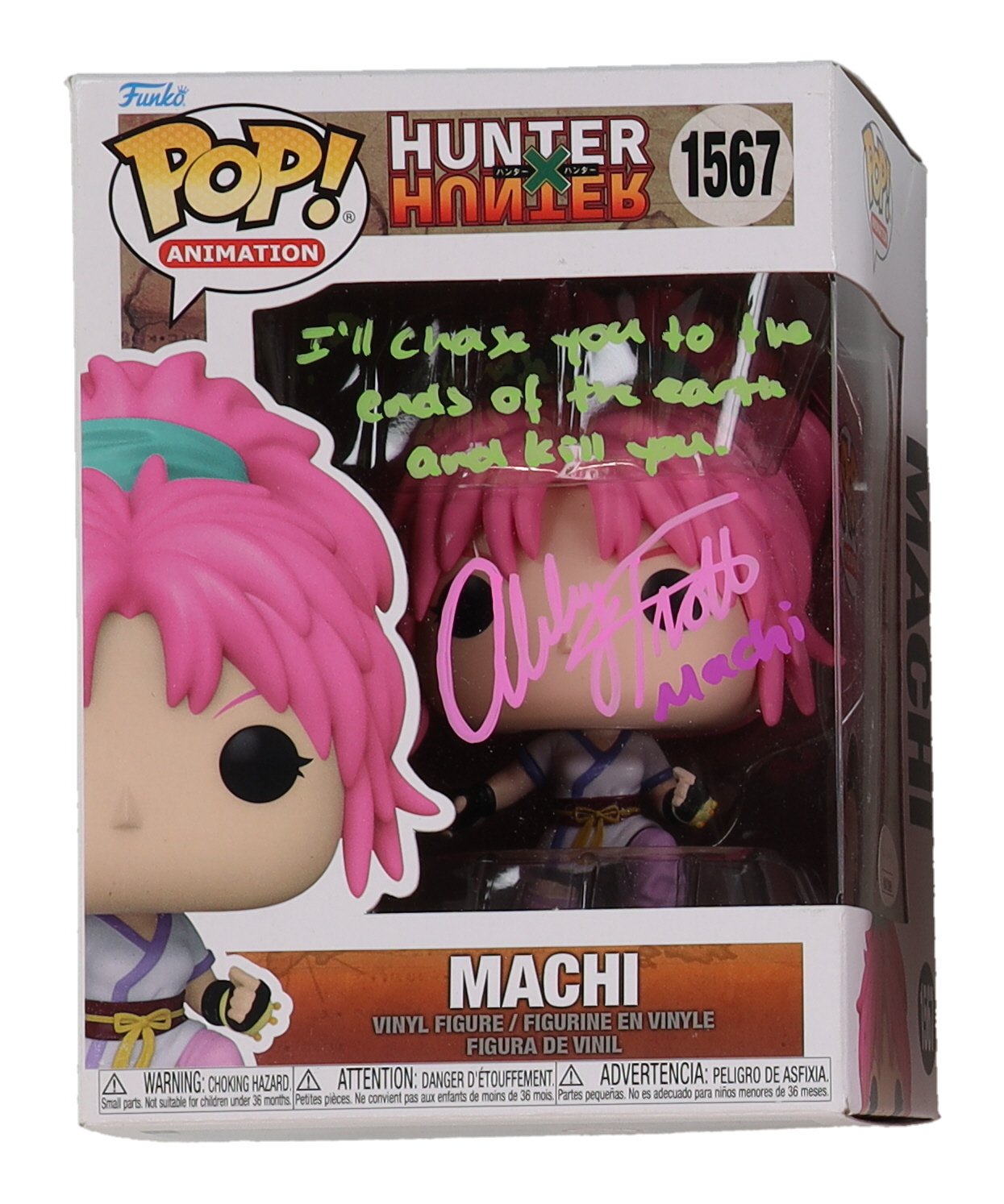 Abby Trott Signed "Hunter x Hunter" #1567 Machi Funko Pop! Vinyl Figure with Extensive Inscription (JSA) at PristineAuction.com Abby Trott Signed "Hunter x Hunter" #1567 Machi Funko Pop! Vinyl Figure with Extensive Inscription (JSA) at PristineAuction.com