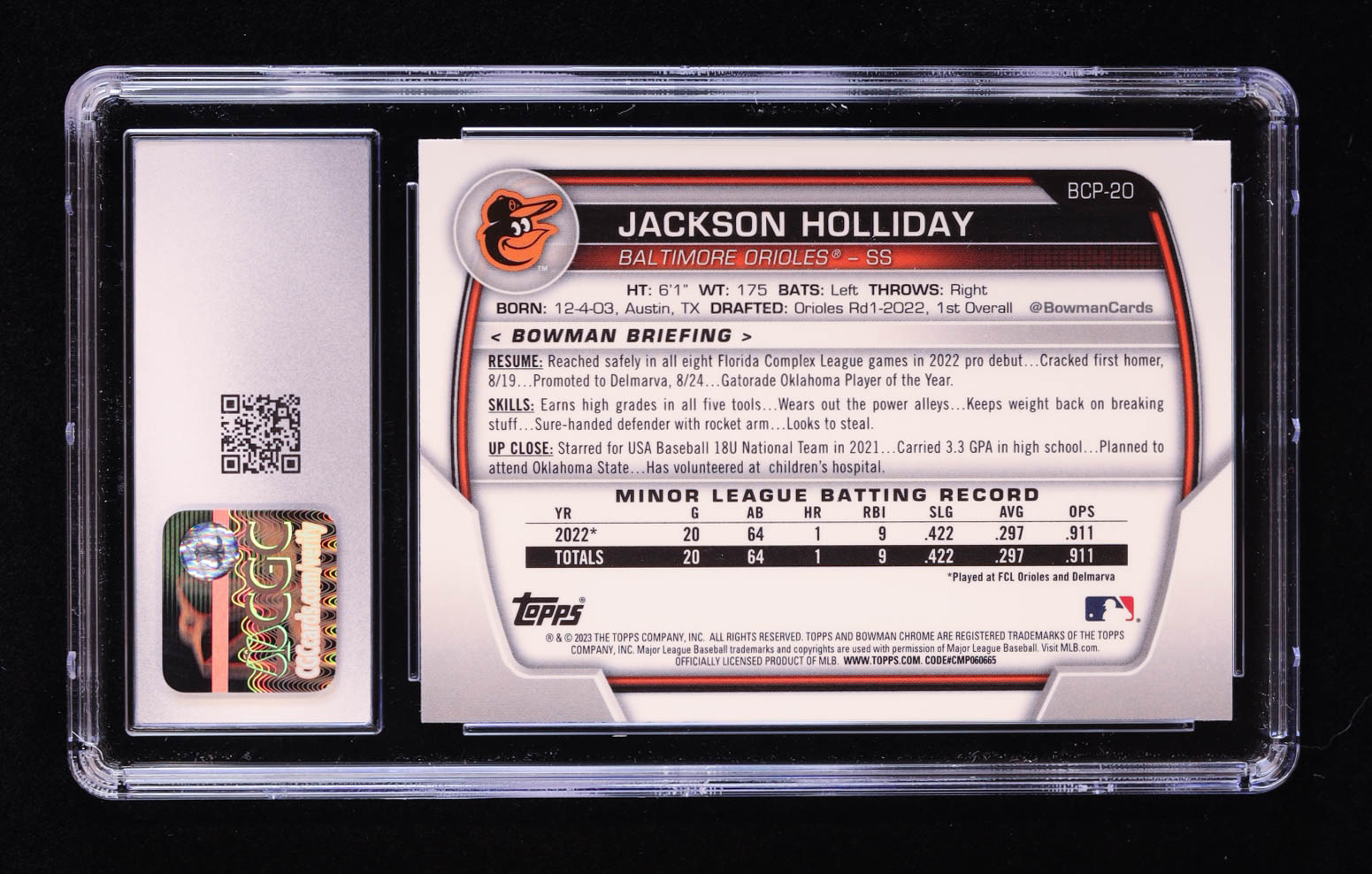 Jackson Holliday 2023 Bowman Chrome Prospects #BCP20 RC (CGC 10) at PristineAuction.com Jackson Holliday 2023 Bowman Chrome Prospects #BCP20 RC (CGC 10) at PristineAuction.com