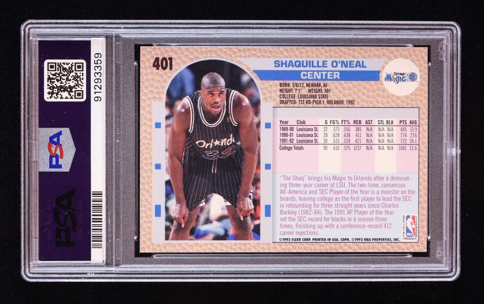 Shaquille O'Neal 1992-93 Fleer #401 RC (PSA 9) at PristineAuction.com Shaquille O'Neal 1992-93 Fleer #401 RC (PSA 9) at PristineAuction.com