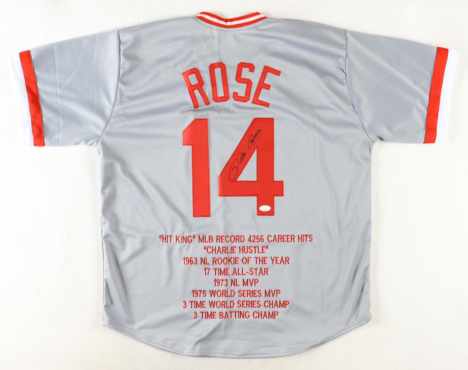 Pete Rose Signed Career Highlight Stat Jersey (JSA) at PristineAuction.com Pete Rose Signed Career Highlight Stat Jersey (JSA) at PristineAuction.com