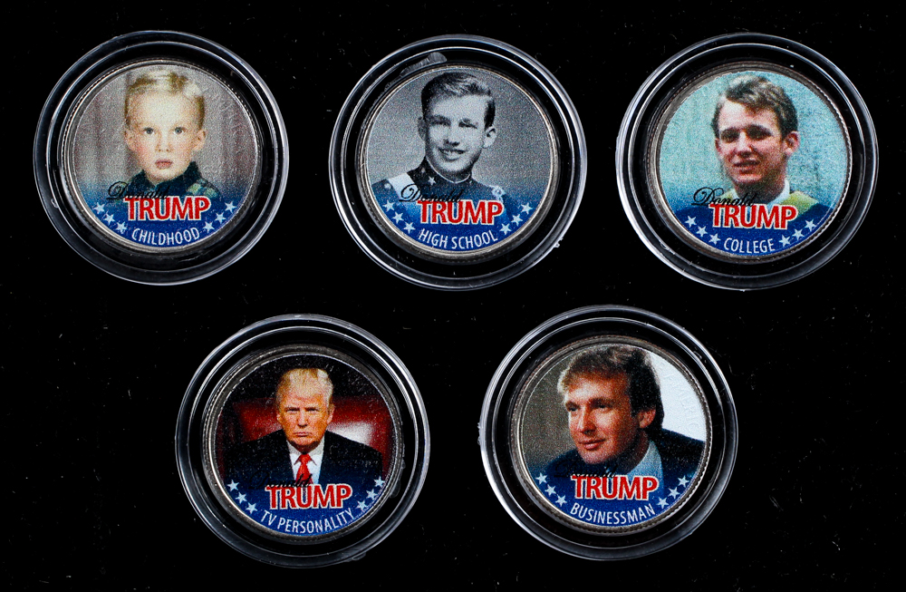 Donald Trump The Merrick Mint "Life & Times" U.S. Coin and Trading Card Set of (5) Commemorative Colorized Coins with Matching Cards at PristineAuction.com Donald Trump The Merrick Mint "Life & Times" U.S. Coin and Trading Card Set of (5) Commemorative Colorized Coins with Matching Cards at PristineAuction.com