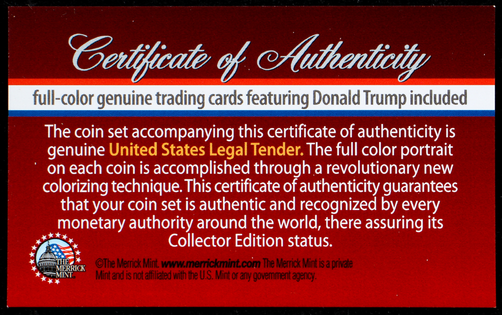Donald Trump The Merrick Mint "Life & Times" U.S. Coin and Trading Card Set of (5) Commemorative Colorized Coins with Matching Cards at PristineAuction.com Donald Trump The Merrick Mint "Life & Times" U.S. Coin and Trading Card Set of (5) Commemorative Colorized Coins with Matching Cards at PristineAuction.com