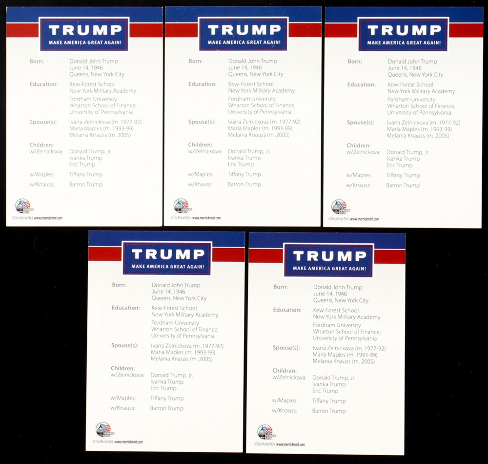 Donald Trump The Merrick Mint "Life & Times" U.S. Coin and Trading Card Set of (5) Commemorative Colorized Coins with Matching Cards at PristineAuction.com Donald Trump The Merrick Mint "Life & Times" U.S. Coin and Trading Card Set of (5) Commemorative Colorized Coins with Matching Cards at PristineAuction.com