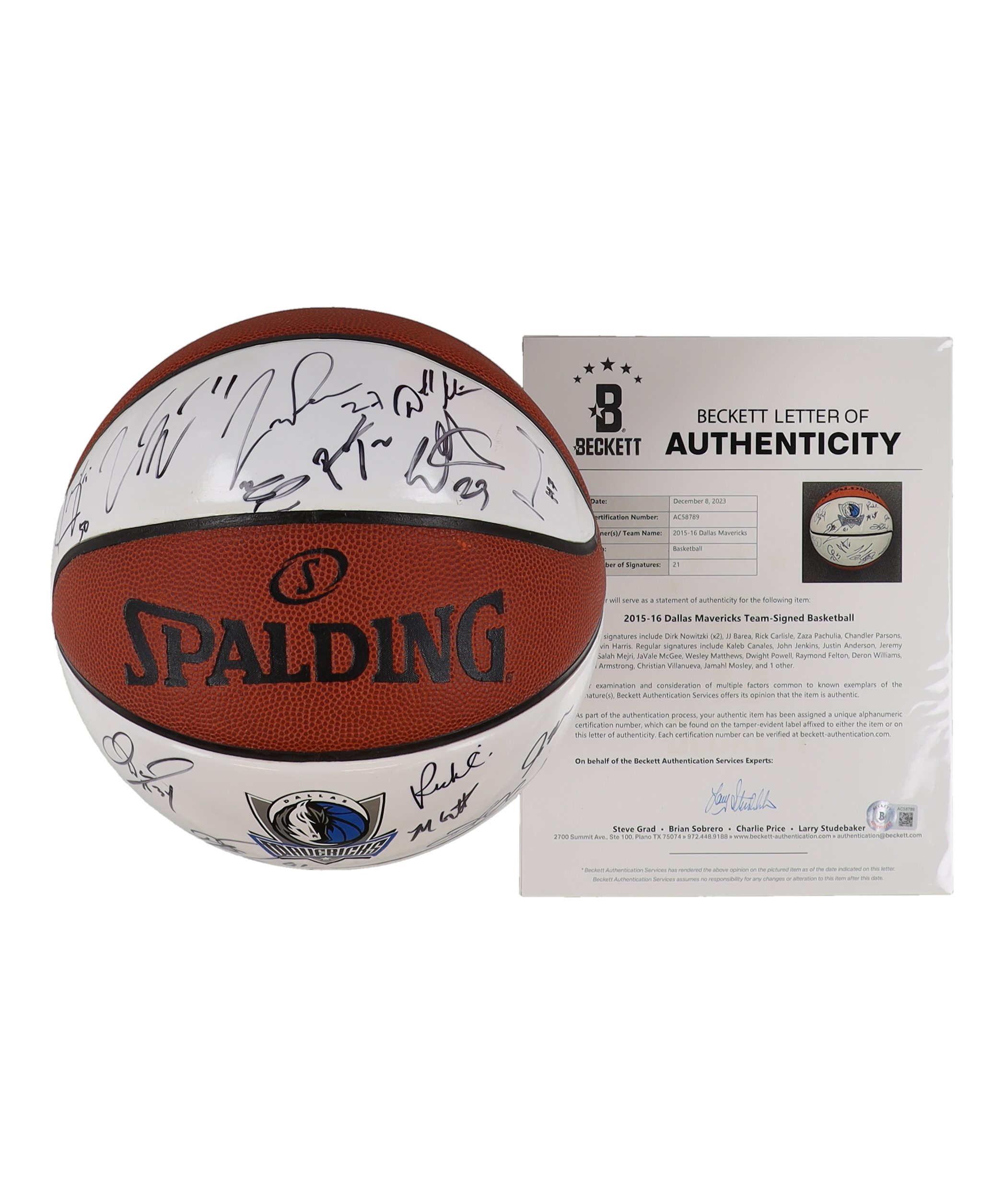2015-16 Dallas Mavericks Team-Signed Mavericks Logo Basketball by (20) with Dirk Nowitzki (x2), JJ Barea, Rick Carlisle, Zaza Pachulia (Beckett) at PristineAuction.com 2015-16 Dallas Mavericks Team-Signed Mavericks Logo Basketball by (20) with Dirk Nowitzki (x2), JJ Barea, Rick Carlisle, Zaza Pachulia (Beckett) at PristineAuction.com