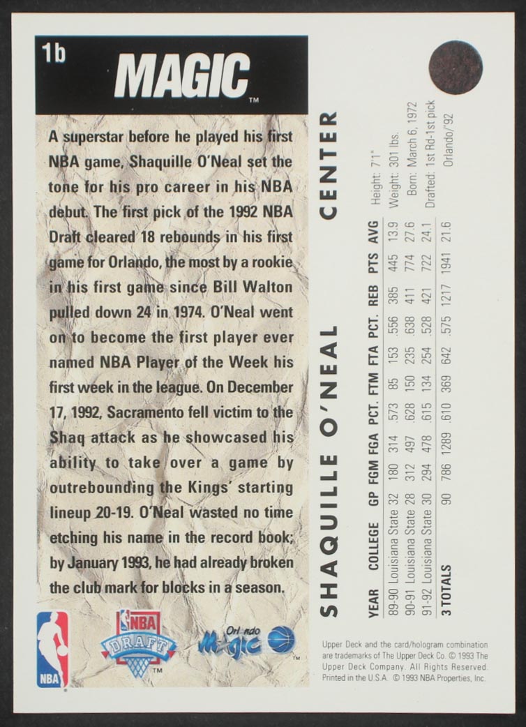 Shaquille O'Neal 1992-93 Upper Deck #1B Trade RC Set of (5) at PristineAuction.com Shaquille O'Neal 1992-93 Upper Deck #1B Trade RC Set of (5) at PristineAuction.com
