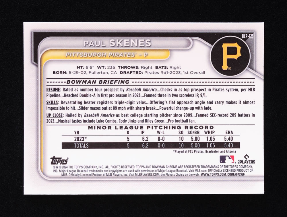 Paul Skenes 2024 Bowman Chrome Mega Box Prospects #BCP125 RC at PristineAuction.com Paul Skenes 2024 Bowman Chrome Mega Box Prospects #BCP125 RC at PristineAuction.com