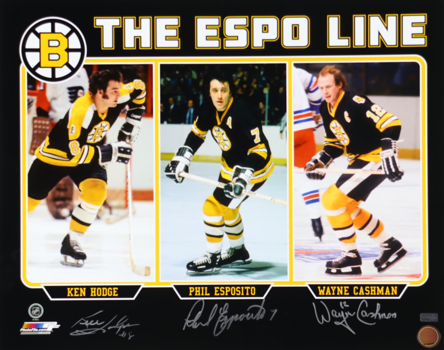 Ken Hodge, Phil Esposito, Wayne Cashman Signed Bruins 16x20 Photo (New England Picture) at PristineAuction.com Ken Hodge, Phil Esposito, Wayne Cashman Signed Bruins 16x20 Photo (New England Picture) at PristineAuction.com