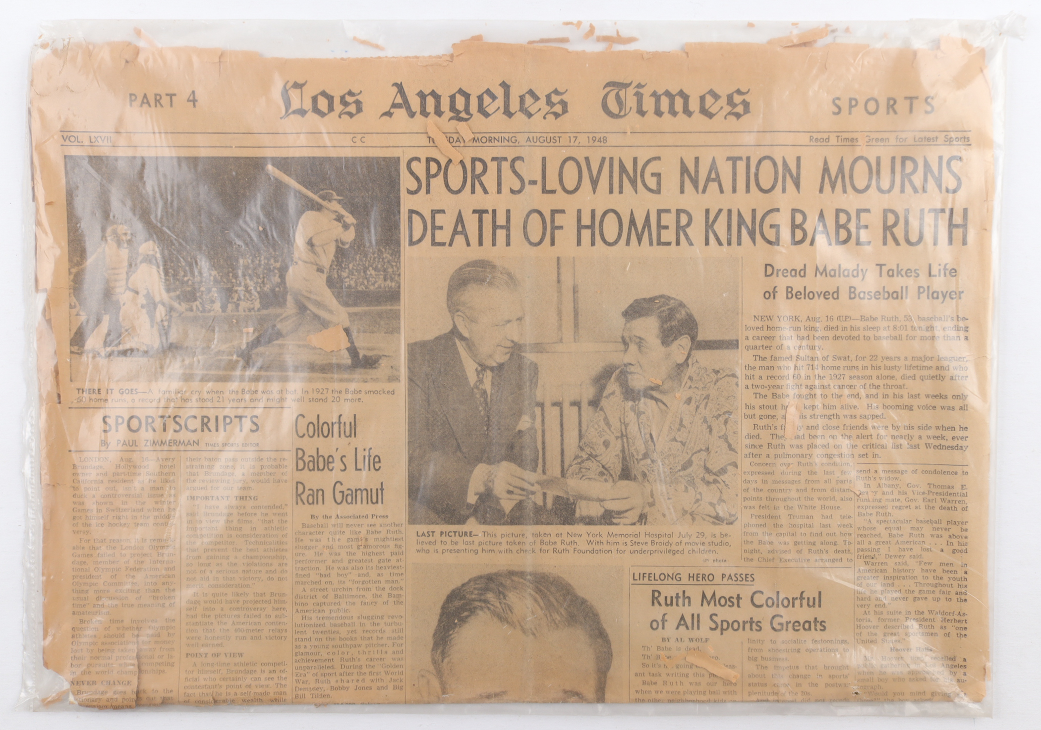1948 Death of Babe Ruth Original LA Times Newspaper Sports Section at PristineAuction.com 1948 Death of Babe Ruth Original LA Times Newspaper Sports Section at PristineAuction.com