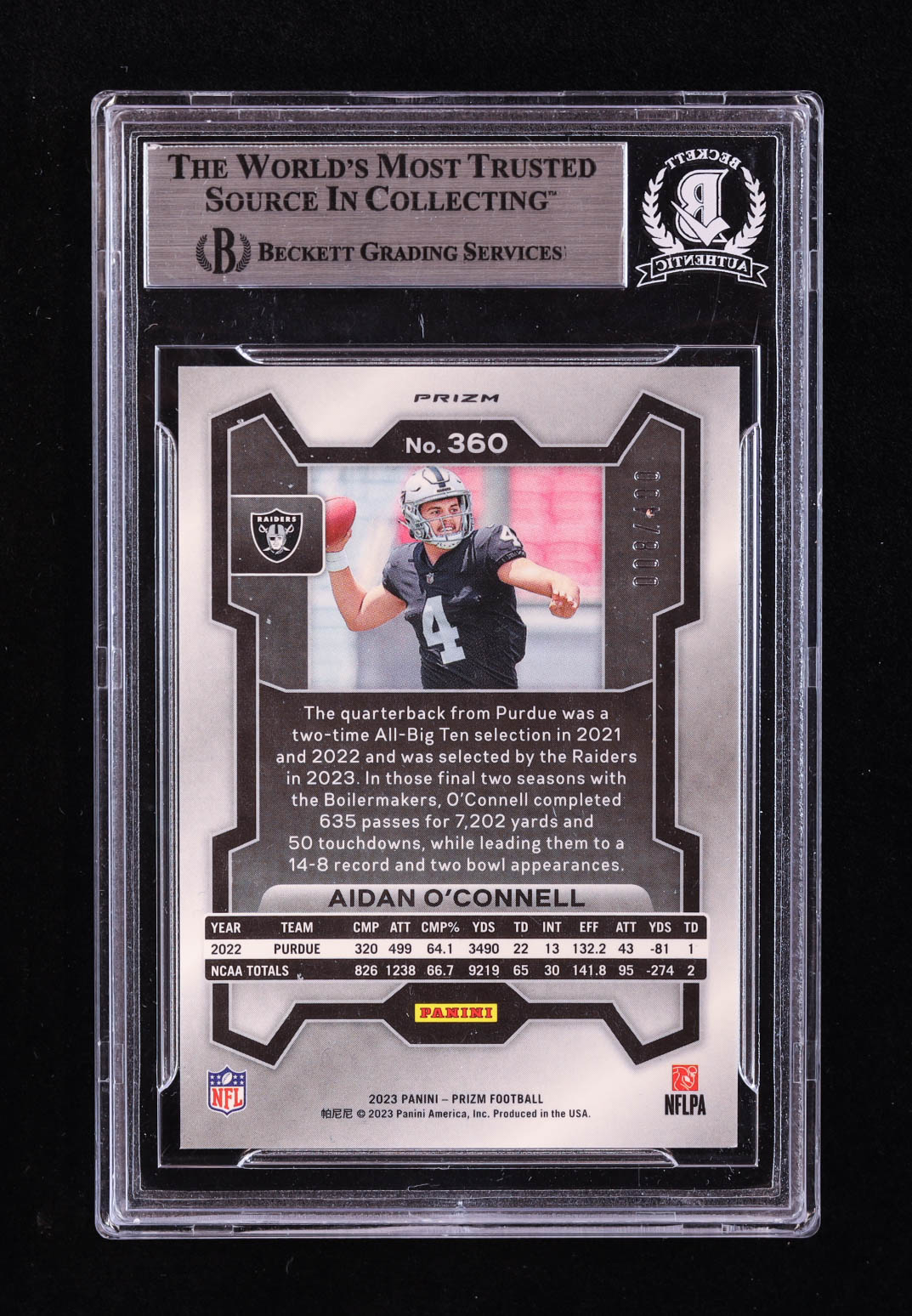 Aidan O'Connell Signed 2023 Panini Prizm Prizms Pandora #360 #008/400 RC (BGS) at PristineAuction.com Aidan O'Connell Signed 2023 Panini Prizm Prizms Pandora #360 #008/400 RC (BGS) at PristineAuction.com