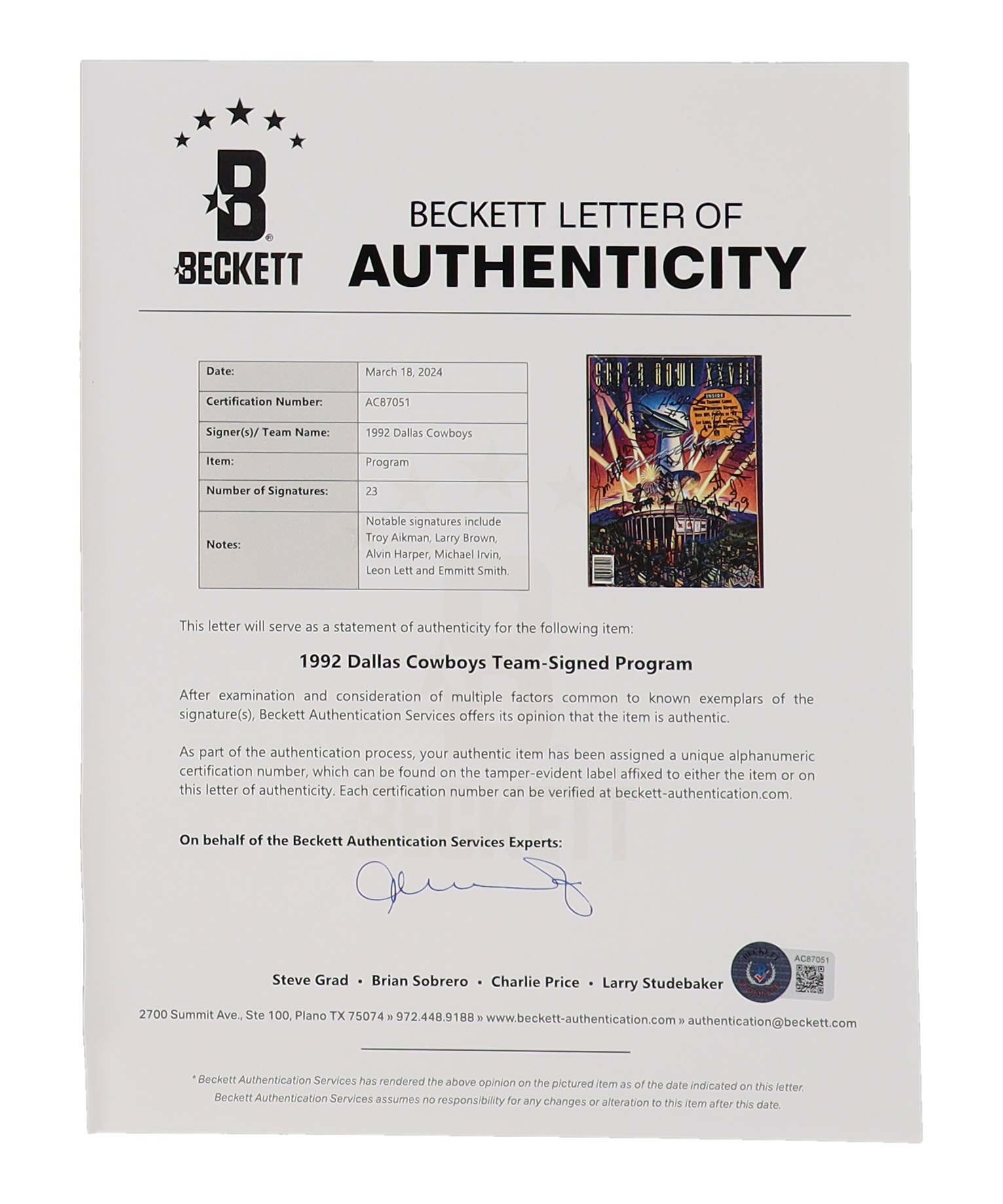 1992 Dallas Cowboys Super Bowl XXVLL Program Signed By (23) With Troy Aikman, Larry Brown, Alvin Harper, Michael Irvin (Beckett) at PristineAuction.com 1992 Dallas Cowboys Super Bowl XXVLL Program Signed By (23) With Troy Aikman, Larry Brown, Alvin Harper, Michael Irvin (Beckett) at PristineAuction.com