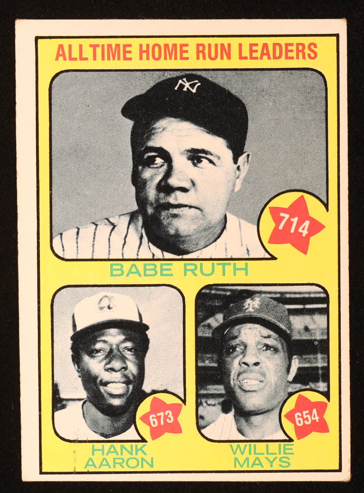 Babe Ruth / Hank Aaron / Willie Mays 1973 Topps #1 / All-Time Home Run Leaders at PristineAuction.com Babe Ruth / Hank Aaron / Willie Mays 1973 Topps #1 / All-Time Home Run Leaders at PristineAuction.com