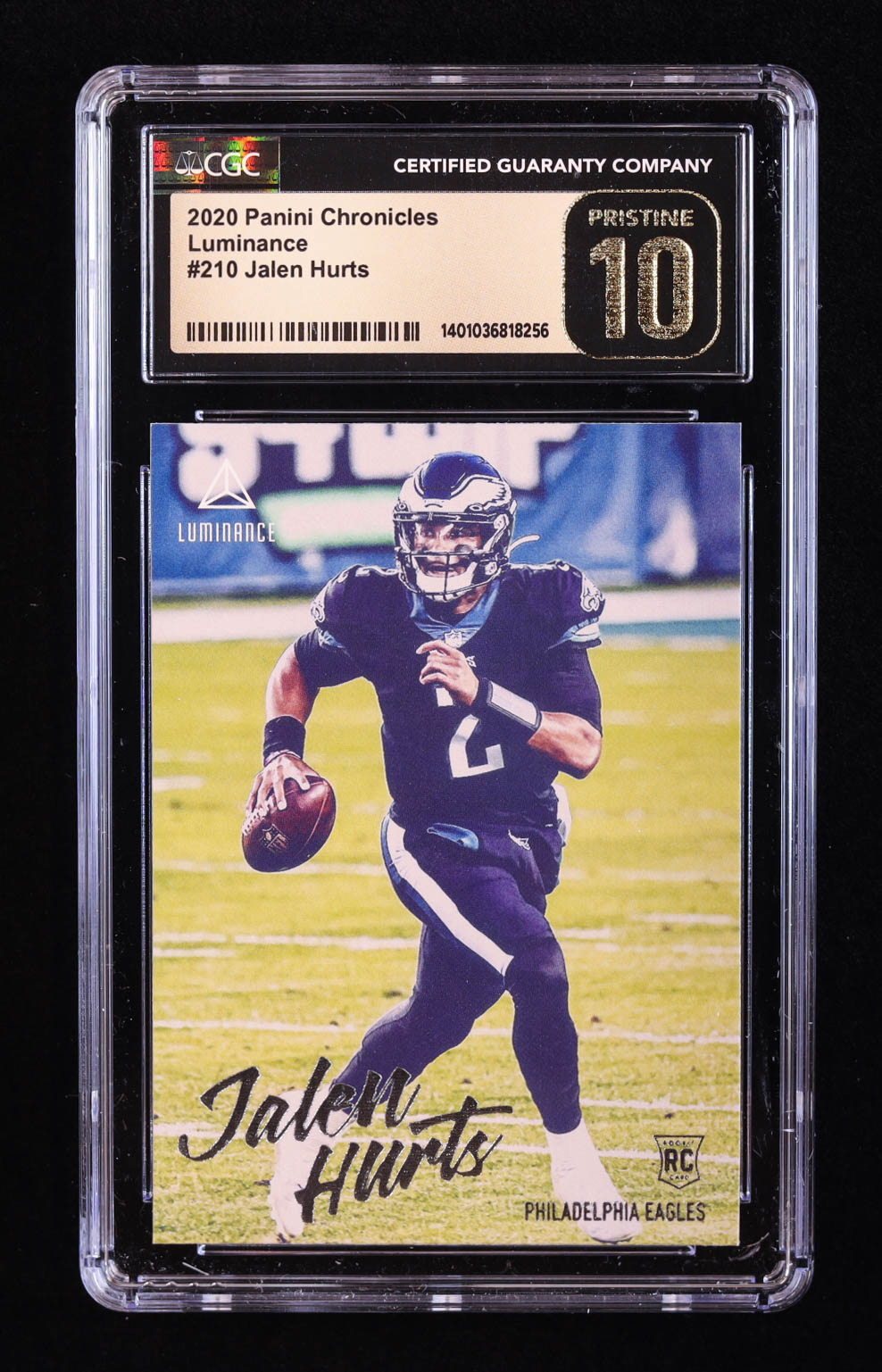 Jalen Hurts 2020 Panini Luminance #210 RC / CHRONICLES (CGC 10 | Pristine Black Label) at PristineAuction.com Jalen Hurts 2020 Panini Luminance #210 RC / CHRONICLES (CGC 10 | Pristine Black Label) at PristineAuction.com