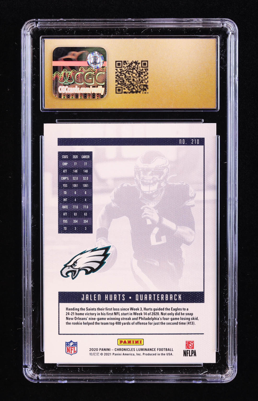 Jalen Hurts 2020 Panini Luminance #210 RC / CHRONICLES (CGC 10 | Pristine Black Label) at PristineAuction.com Jalen Hurts 2020 Panini Luminance #210 RC / CHRONICLES (CGC 10 | Pristine Black Label) at PristineAuction.com