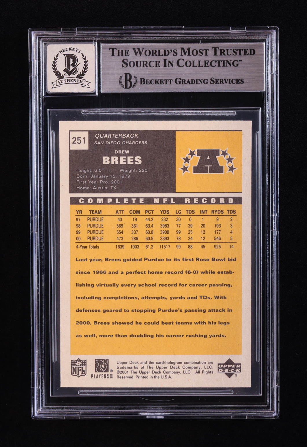 Drew Brees Signed 2001 Upper Deck Vintage #251 RC (BGS | Auto 10) at PristineAuction.com Drew Brees Signed 2001 Upper Deck Vintage #251 RC (BGS | Auto 10) at PristineAuction.com