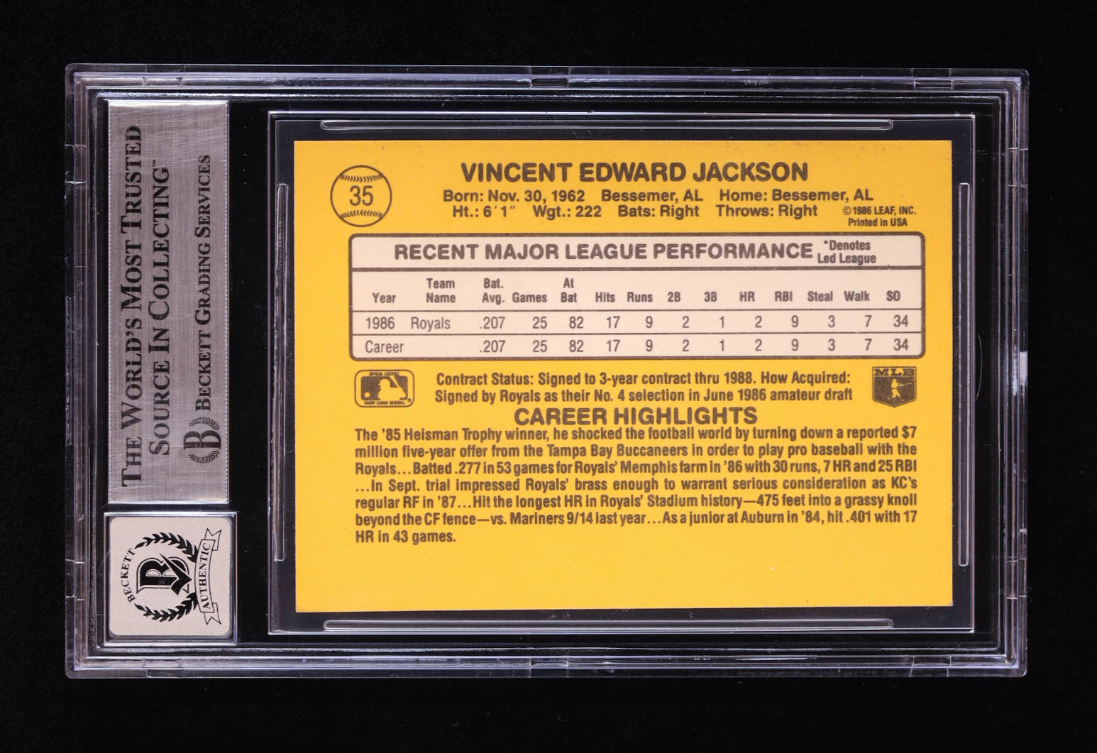 Bo Jackson Signed 1987 Donruss #35 RC (BGS | Auto 10) at PristineAuction.com Bo Jackson Signed 1987 Donruss #35 RC (BGS | Auto 10) at PristineAuction.com