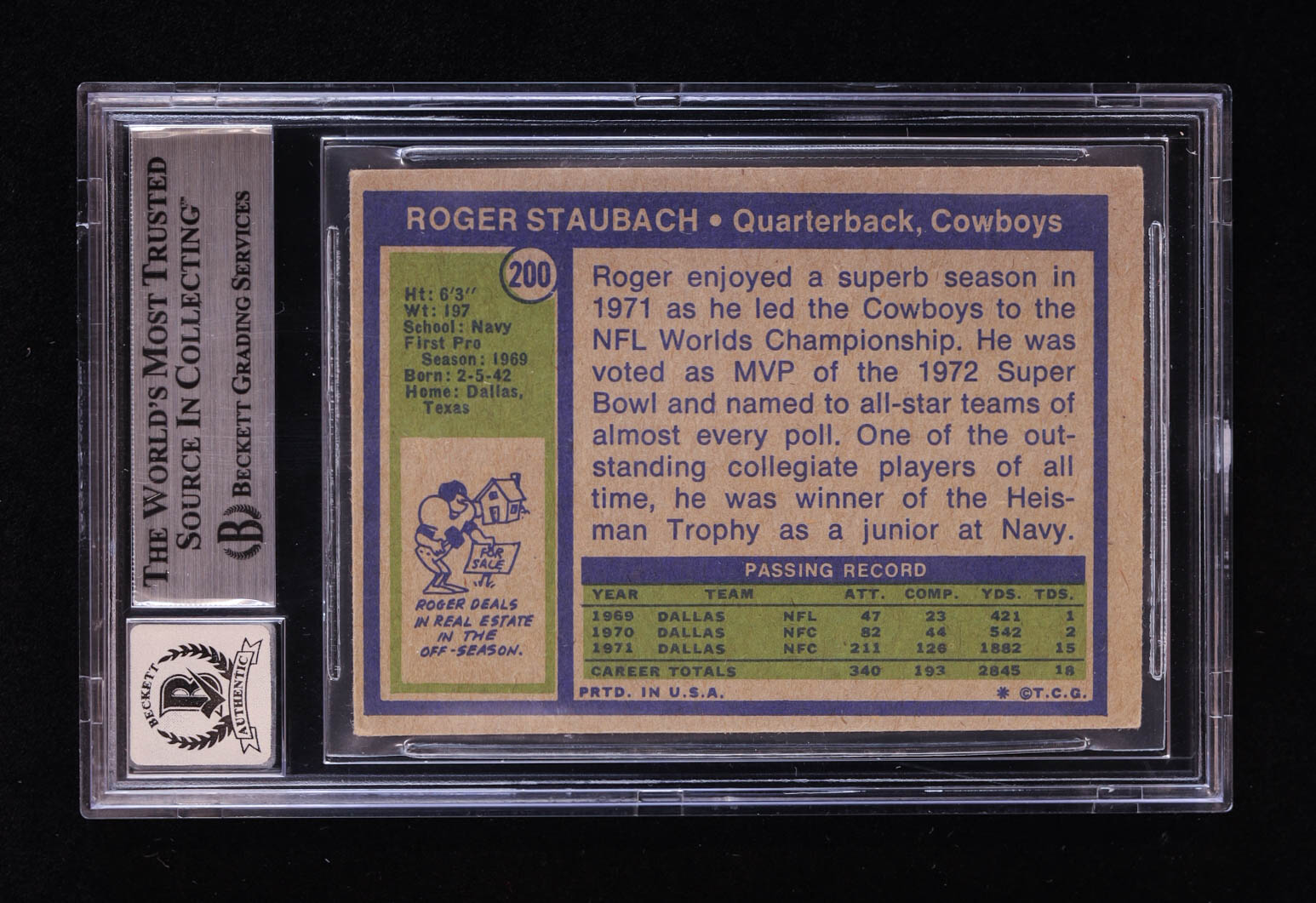 Roger Staubach Signed 1972 Topps #200 RC Inscribed "Captain America & HOF 1985" (BGS | Auto 10) at PristineAuction.com Roger Staubach Signed 1972 Topps #200 RC Inscribed "Captain America & HOF 1985" (BGS | Auto 10) at PristineAuction.com