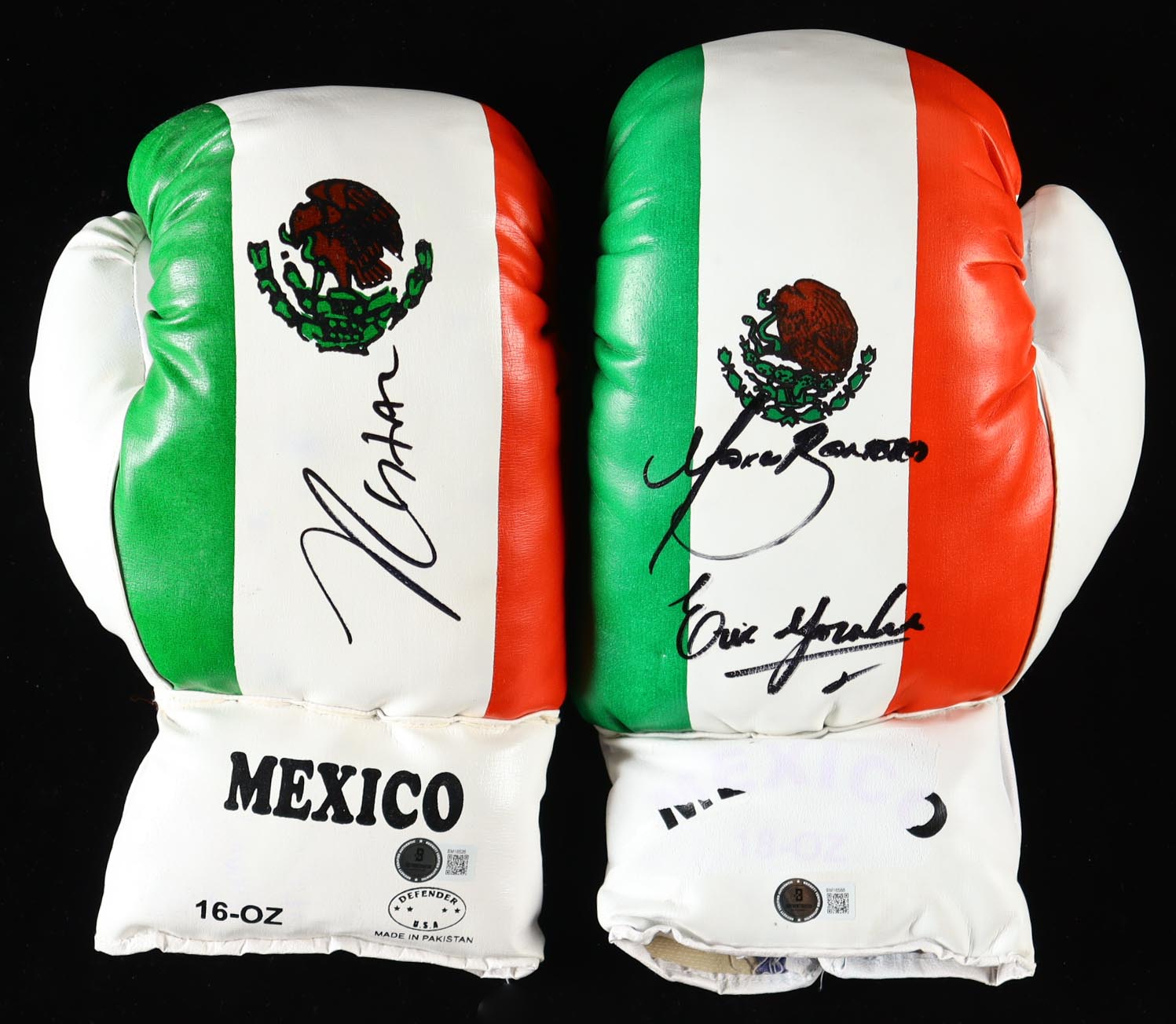 Julio Cesar Chavez, Marco Barrera & Erik Morales Signed Mexico Boxing Glove Set of (2) with Display Case (Beckett) at PristineAuction.com Julio Cesar Chavez, Marco Barrera & Erik Morales Signed Mexico Boxing Glove Set of (2) with Display Case (Beckett) at PristineAuction.com