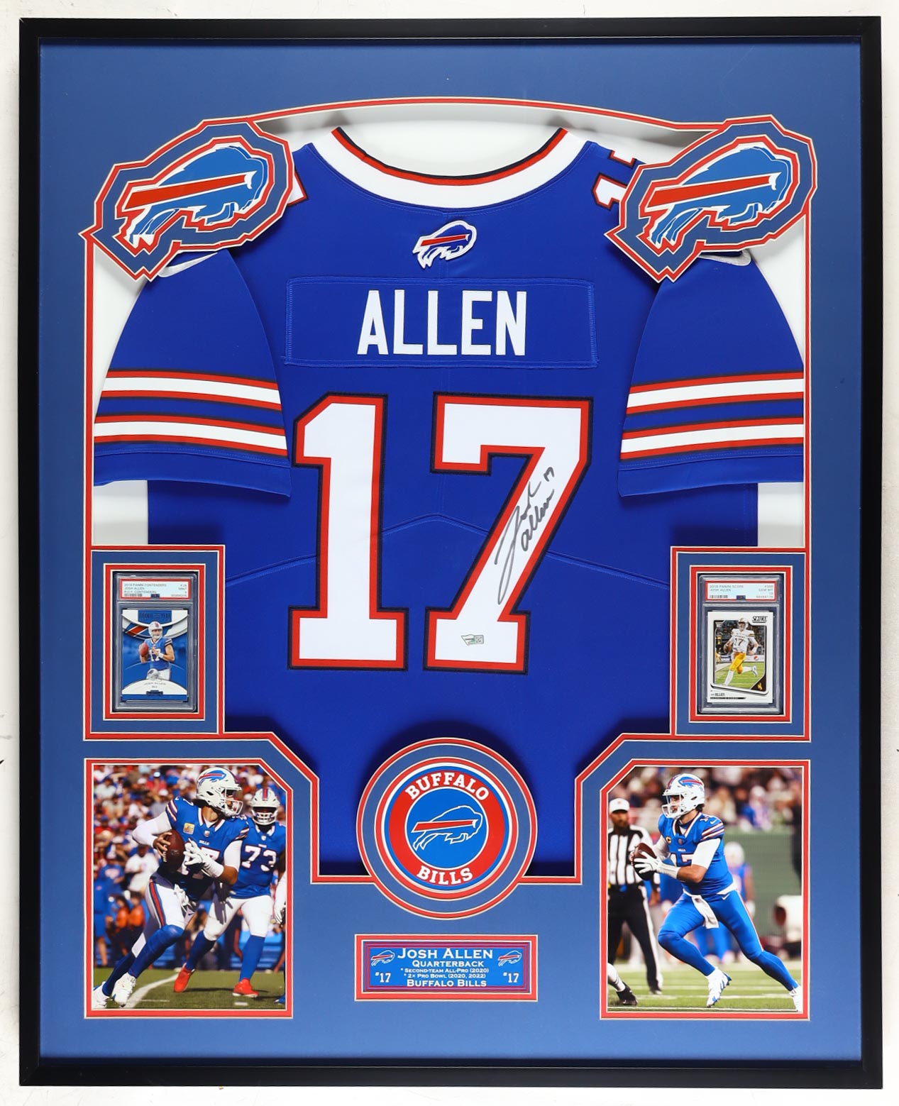 Josh Allen Signed Custom Framed Jersey with 2018 Panini Contenders Rookie of the Year Contenders #5 RC (PSA 9) & 2018 Score #350 RC (PSA 10) (Fanatics) at PristineAuction.com Josh Allen Signed Custom Framed Jersey with 2018 Panini Contenders Rookie of the Year Contenders #5 RC (PSA 9) & 2018 Score #350 RC (PSA 10) (Fanatics) at PristineAuction.com