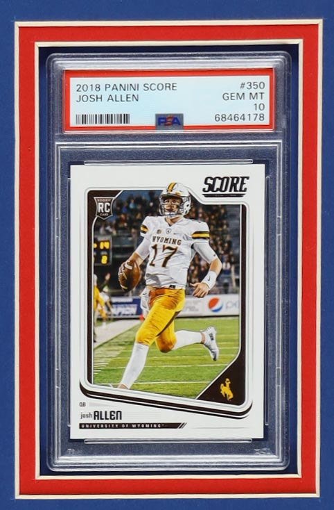 Josh Allen Signed Custom Framed Jersey with 2018 Panini Contenders Rookie of the Year Contenders #5 RC (PSA 9) & 2018 Score #350 RC (PSA 10) (Fanatics) at PristineAuction.com Josh Allen Signed Custom Framed Jersey with 2018 Panini Contenders Rookie of the Year Contenders #5 RC (PSA 9) & 2018 Score #350 RC (PSA 10) (Fanatics) at PristineAuction.com