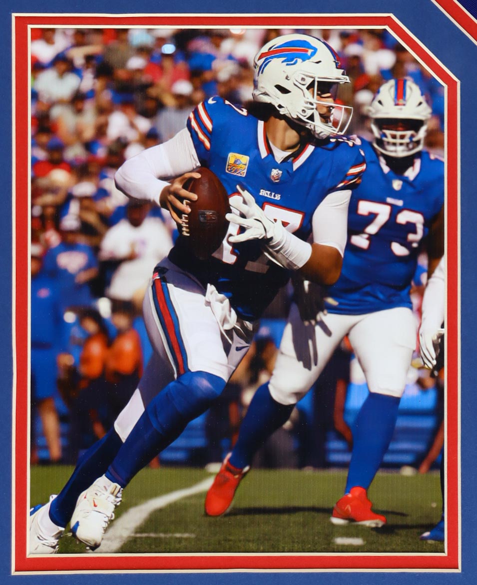 Josh Allen Signed Custom Framed Jersey with 2018 Panini Contenders Rookie of the Year Contenders #5 RC (PSA 9) & 2018 Score #350 RC (PSA 10) (Fanatics) at PristineAuction.com Josh Allen Signed Custom Framed Jersey with 2018 Panini Contenders Rookie of the Year Contenders #5 RC (PSA 9) & 2018 Score #350 RC (PSA 10) (Fanatics) at PristineAuction.com