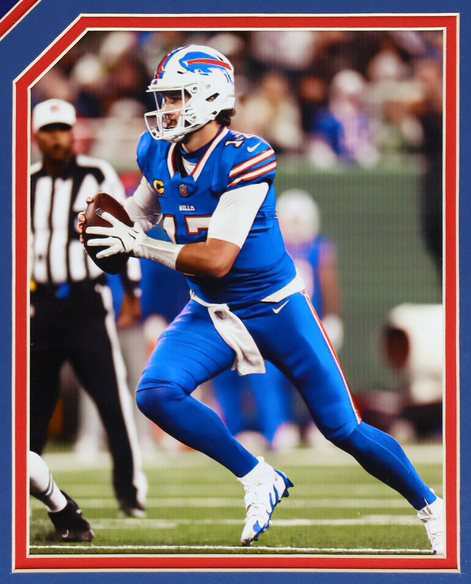 Josh Allen Signed Custom Framed Jersey with 2018 Panini Contenders Rookie of the Year Contenders #5 RC (PSA 9) & 2018 Score #350 RC (PSA 10) (Fanatics) at PristineAuction.com Josh Allen Signed Custom Framed Jersey with 2018 Panini Contenders Rookie of the Year Contenders #5 RC (PSA 9) & 2018 Score #350 RC (PSA 10) (Fanatics) at PristineAuction.com