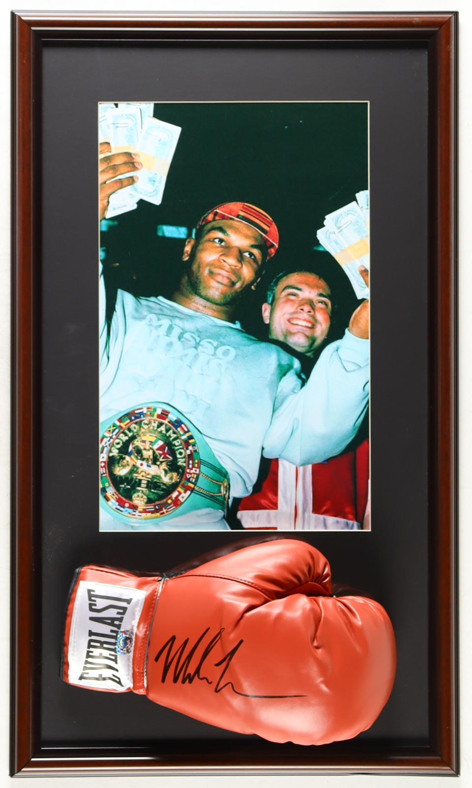 Mike Tyson Signed Custom Framed Everlast Boxing Glove Display with Photo (Tyson) at PristineAuction.com Mike Tyson Signed Custom Framed Everlast Boxing Glove Display with Photo (Tyson) at PristineAuction.com