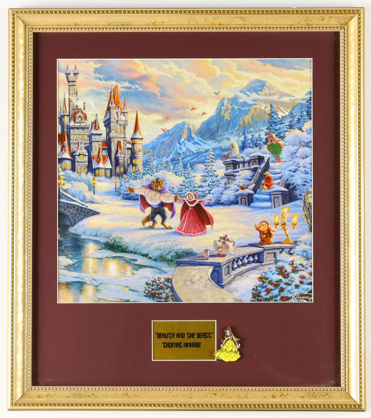 Thomas Kinkade "Beauty and the Beast" Custom Framed Print Display With Belle Character Pin at PristineAuction.com Thomas Kinkade "Beauty and the Beast" Custom Framed Print Display With Belle Character Pin at PristineAuction.com