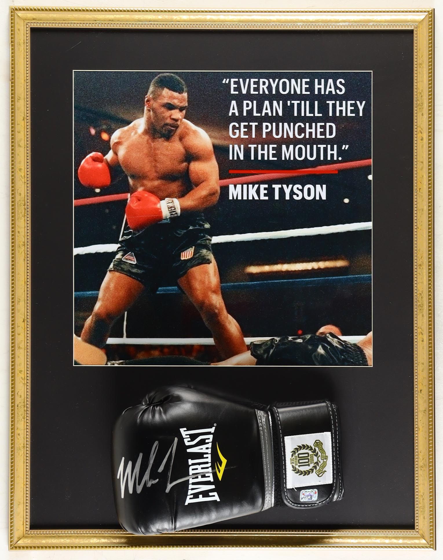 Mike Tyson Signed Custom Framed 100th Anniversary Everlast Boxing Glove Display with Photo (Tyson) at PristineAuction.com Mike Tyson Signed Custom Framed 100th Anniversary Everlast Boxing Glove Display with Photo (Tyson) at PristineAuction.com