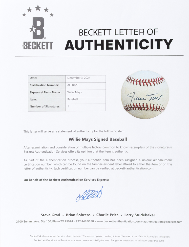 Willie Mays Signed ONL Baseball (Beckett) at PristineAuction.com Willie Mays Signed ONL Baseball (Beckett) at PristineAuction.com