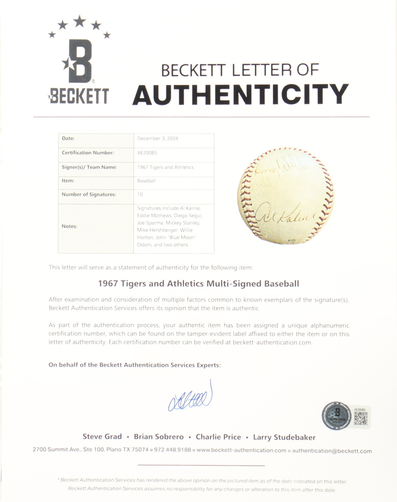 1967 Tigers & A's Players Baseball Team-Signed by (10) with Al Kaline, Eddie Mathews, Diego Segui, John "Blue Moon" Odom with Display Case (Beckett) at PristineAuction.com 1967 Tigers & A's Players Baseball Team-Signed by (10) with Al Kaline, Eddie Mathews, Diego Segui, John "Blue Moon" Odom with Display Case (Beckett) at PristineAuction.com