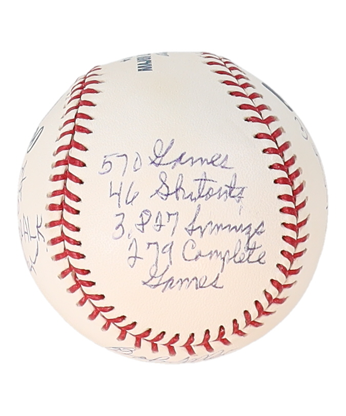 Bob Feller Signed OML Baseball with Multiple Career Stat Inscriptions (Reggie Jackson) at PristineAuction.com Bob Feller Signed OML Baseball with Multiple Career Stat Inscriptions (Reggie Jackson) at PristineAuction.com