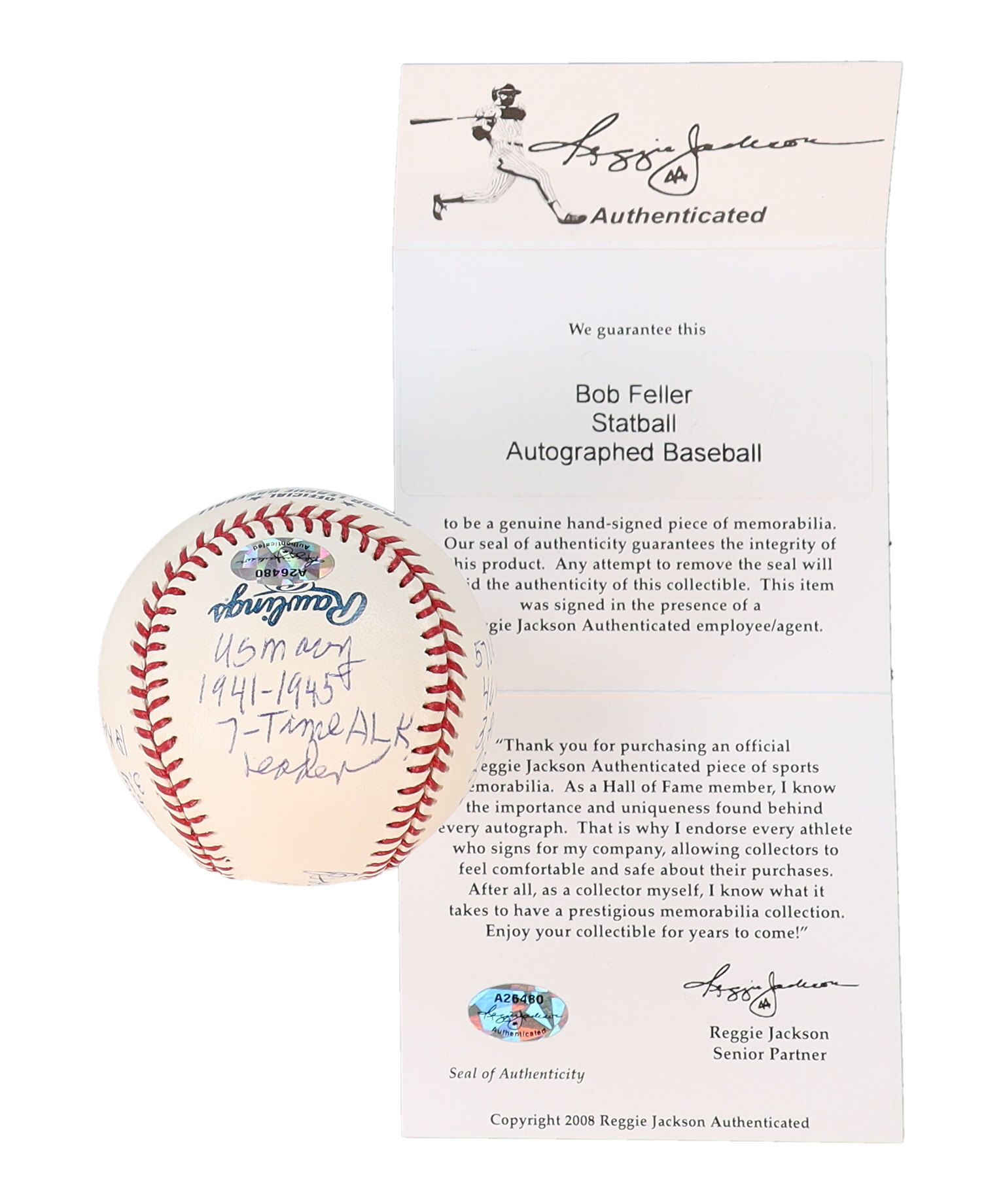 Bob Feller Signed OML Baseball with Multiple Career Stat Inscriptions (Reggie Jackson) at PristineAuction.com Bob Feller Signed OML Baseball with Multiple Career Stat Inscriptions (Reggie Jackson) at PristineAuction.com