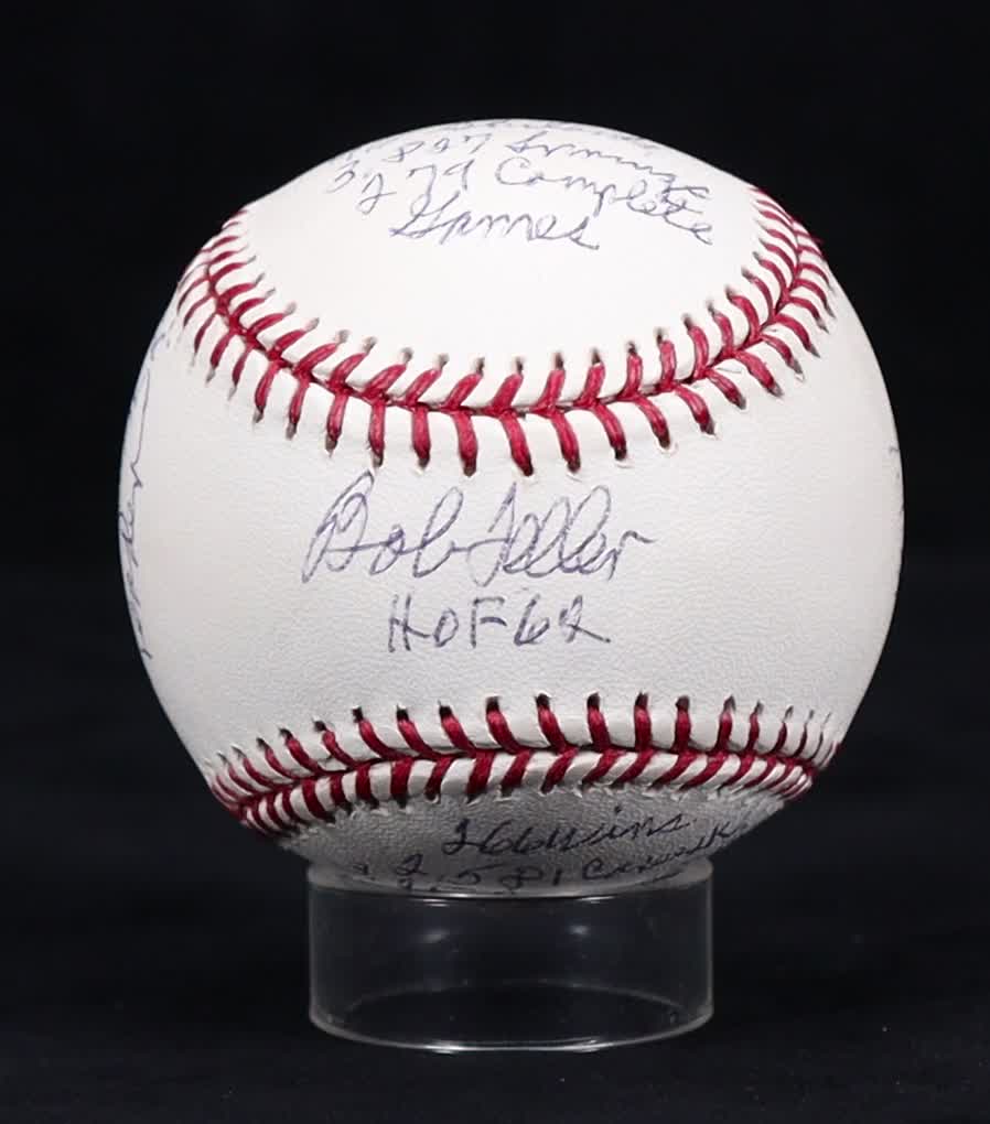 Bob Feller Signed OML Baseball with Multiple Career Stat Inscriptions (Reggie Jackson) at PristineAuction.com Bob Feller Signed OML Baseball with Multiple Career Stat Inscriptions (Reggie Jackson) at PristineAuction.com