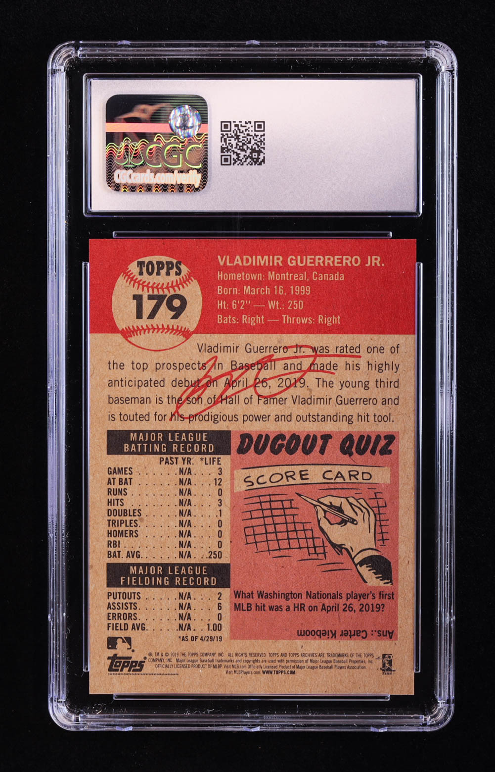 Vladimir Guerrero Jr. 2019 Topps Living #179 RC (CGC 10) at PristineAuction.com Vladimir Guerrero Jr. 2019 Topps Living #179 RC (CGC 10) at PristineAuction.com