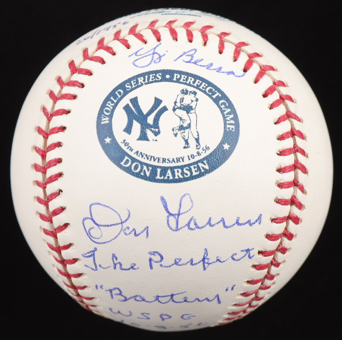 Don Larsen & Yogi Berra Signed OML Yankees "Perfect Game" Logo Baseball with Multiple Inscriptions #26/1956 (PSA & All American) at PristineAuction.com Don Larsen & Yogi Berra Signed OML Yankees "Perfect Game" Logo Baseball with Multiple Inscriptions #26/1956 (PSA & All American) at PristineAuction.com