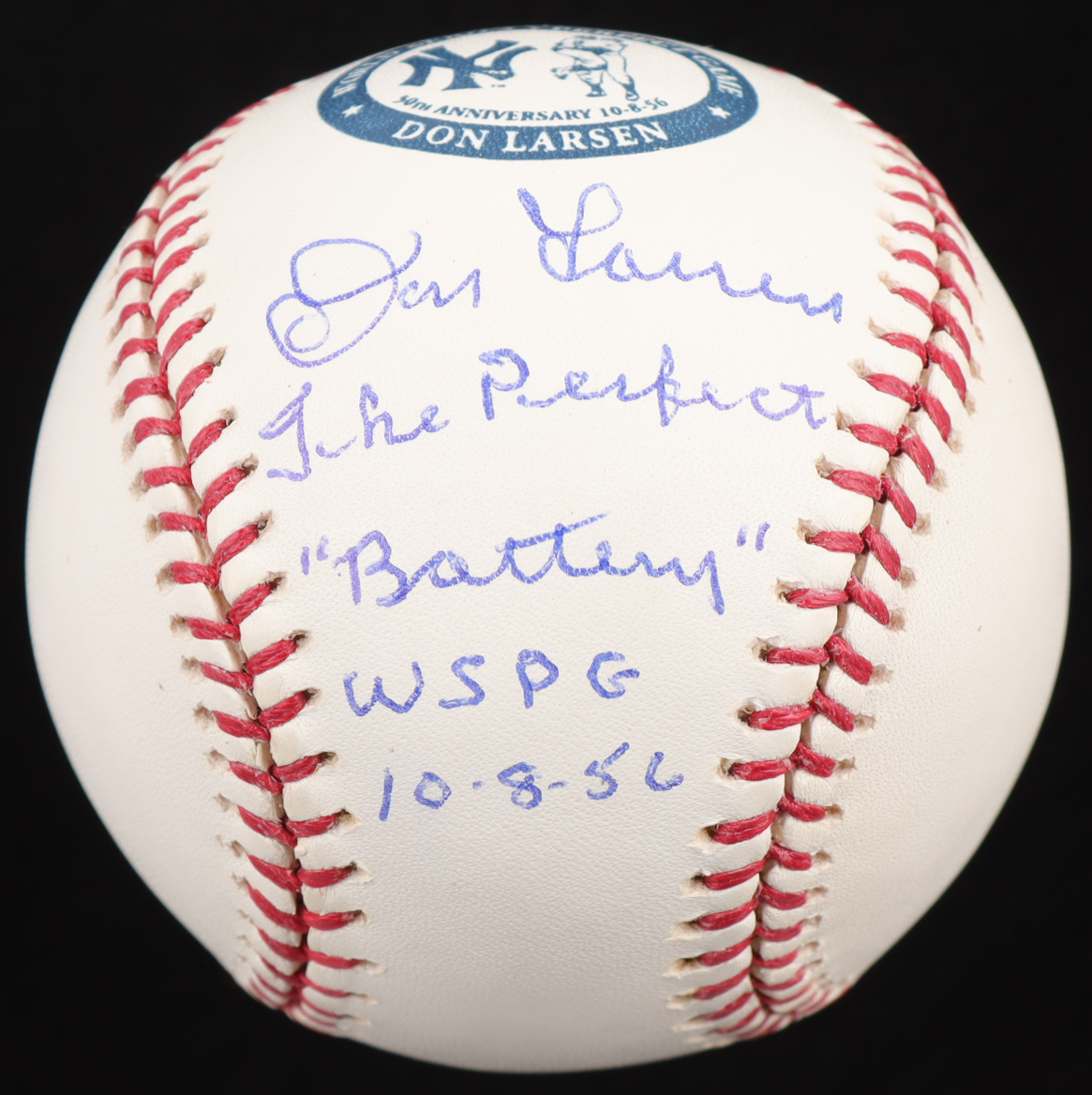 Don Larsen & Yogi Berra Signed OML Yankees "Perfect Game" Logo Baseball with Multiple Inscriptions #26/1956 (PSA & All American) at PristineAuction.com Don Larsen & Yogi Berra Signed OML Yankees "Perfect Game" Logo Baseball with Multiple Inscriptions #26/1956 (PSA & All American) at PristineAuction.com