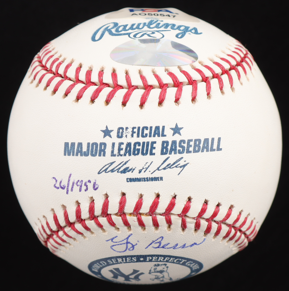 Don Larsen & Yogi Berra Signed OML Yankees "Perfect Game" Logo Baseball with Multiple Inscriptions #26/1956 (PSA & All American) at PristineAuction.com Don Larsen & Yogi Berra Signed OML Yankees "Perfect Game" Logo Baseball with Multiple Inscriptions #26/1956 (PSA & All American) at PristineAuction.com