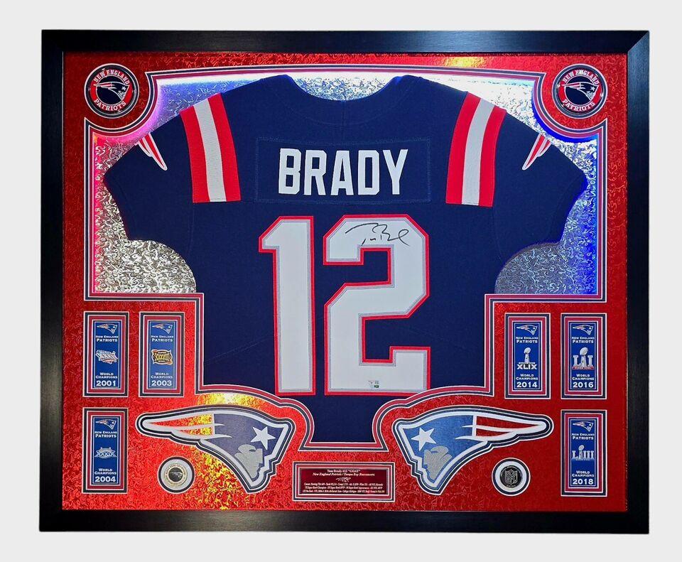 Tom Brady Signed LE Patriots Custom Framed LED Backlit Nike Elite Jersey Display with (6) Replica Super Bowl Banners (Fanatics) at PristineAuction.com Tom Brady Signed LE Patriots Custom Framed LED Backlit Nike Elite Jersey Display with (6) Replica Super Bowl Banners (Fanatics) at PristineAuction.com