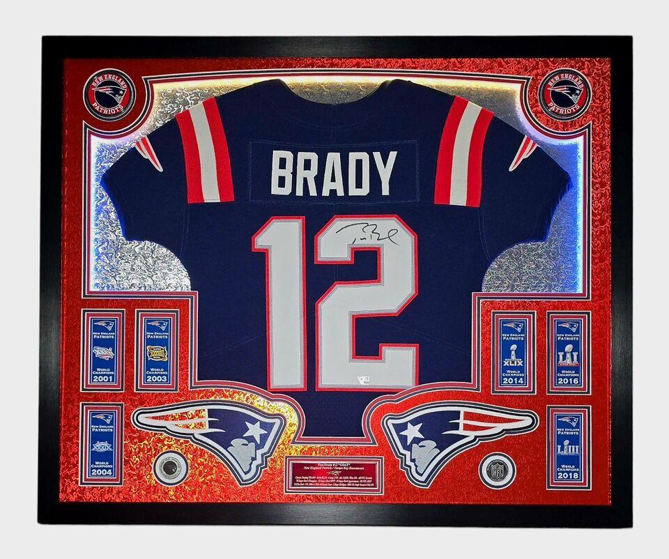 Tom Brady Signed LE Patriots Custom Framed LED Backlit Nike Elite Jersey Display with (6) Replica Super Bowl Banners (Fanatics) at PristineAuction.com Tom Brady Signed LE Patriots Custom Framed LED Backlit Nike Elite Jersey Display with (6) Replica Super Bowl Banners (Fanatics) at PristineAuction.com