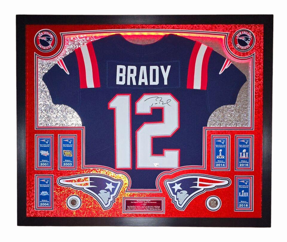 Tom Brady Signed LE Patriots Custom Framed LED Backlit Nike Elite Jersey Display with (6) Replica Super Bowl Banners (Fanatics) at PristineAuction.com Tom Brady Signed LE Patriots Custom Framed LED Backlit Nike Elite Jersey Display with (6) Replica Super Bowl Banners (Fanatics) at PristineAuction.com