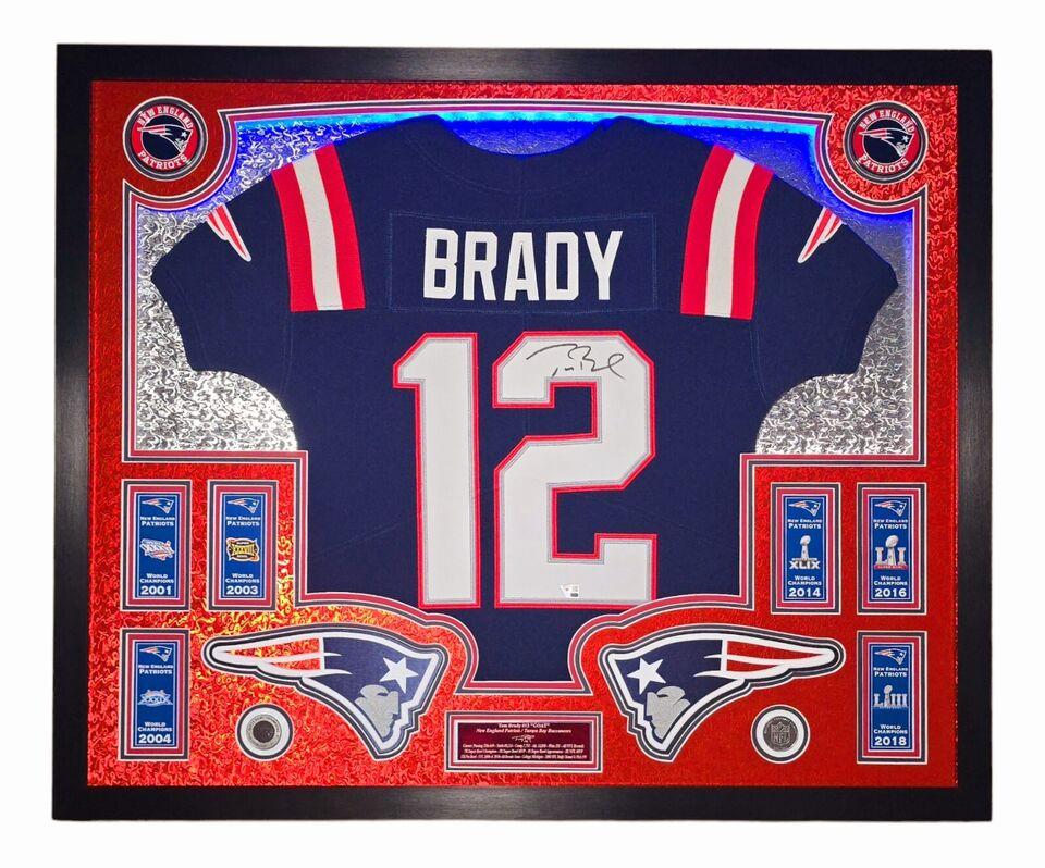Tom Brady Signed LE Patriots Custom Framed LED Backlit Nike Elite Jersey Display with (6) Replica Super Bowl Banners (Fanatics) at PristineAuction.com Tom Brady Signed LE Patriots Custom Framed LED Backlit Nike Elite Jersey Display with (6) Replica Super Bowl Banners (Fanatics) at PristineAuction.com