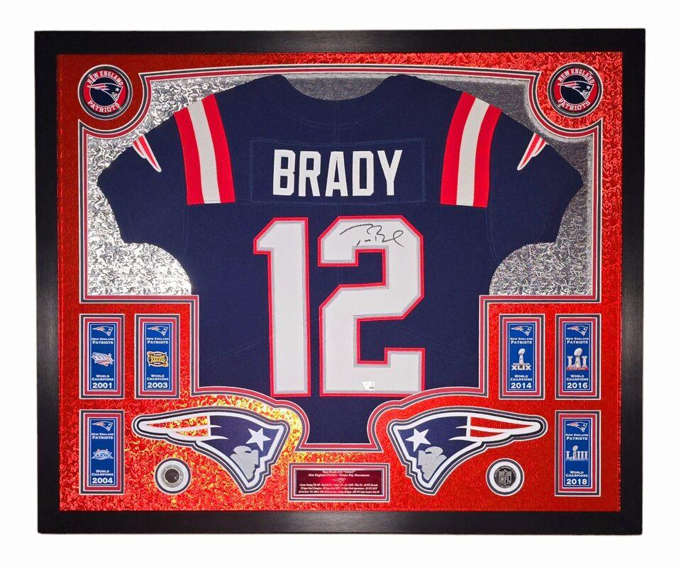 Tom Brady Signed LE Patriots Custom Framed LED Backlit Nike Elite Jersey Display with (6) Replica Super Bowl Banners (Fanatics) at PristineAuction.com Tom Brady Signed LE Patriots Custom Framed LED Backlit Nike Elite Jersey Display with (6) Replica Super Bowl Banners (Fanatics) at PristineAuction.com