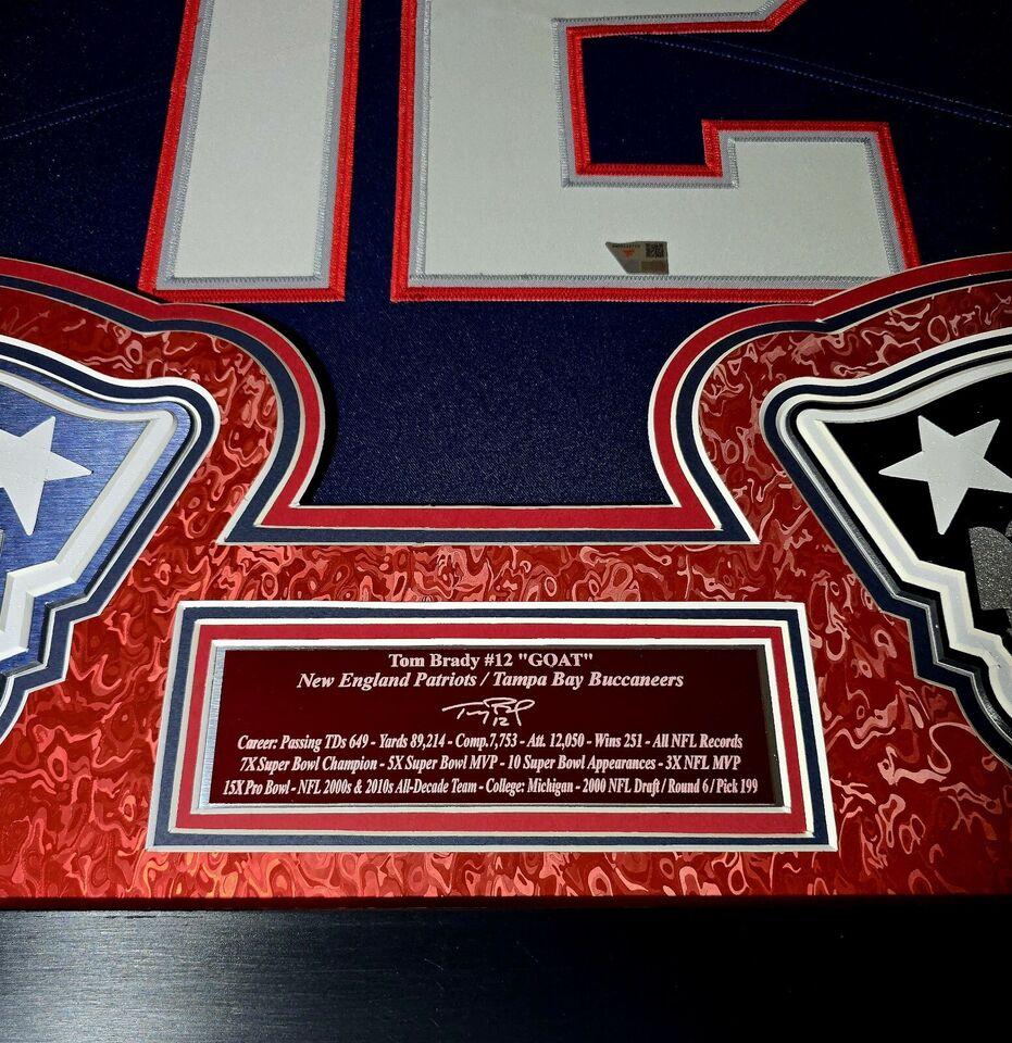 Tom Brady Signed LE Patriots Custom Framed LED Backlit Nike Elite Jersey Display with (6) Replica Super Bowl Banners (Fanatics) at PristineAuction.com Tom Brady Signed LE Patriots Custom Framed LED Backlit Nike Elite Jersey Display with (6) Replica Super Bowl Banners (Fanatics) at PristineAuction.com