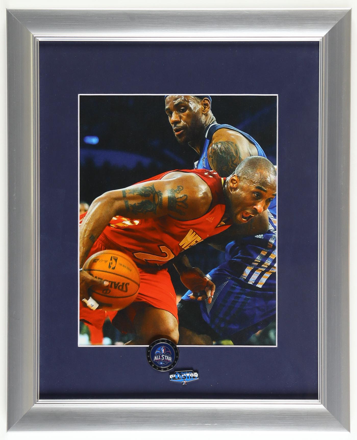 Kobe Bryant Vs. LeBron James Custom Framed Photo Display with (2) NBA All-Star Game Pins at PristineAuction.com Kobe Bryant Vs. LeBron James Custom Framed Photo Display with (2) NBA All-Star Game Pins at PristineAuction.com