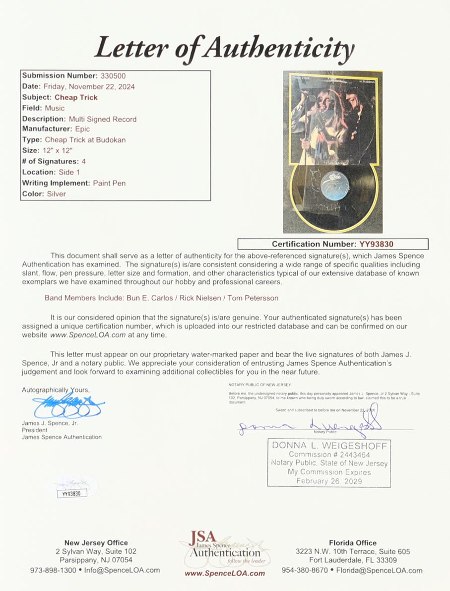 Cheap Trick "Cheap Trick at Budokan" Custom Framed Vinyl Album Cover Band-Signed By (4) with Bun E. Carlos, Rick Nielsen, Tom Petersson (JSA) at PristineAuction.com Cheap Trick "Cheap Trick at Budokan" Custom Framed Vinyl Album Cover Band-Signed By (4) with Bun E. Carlos, Rick Nielsen, Tom Petersson (JSA) at PristineAuction.com