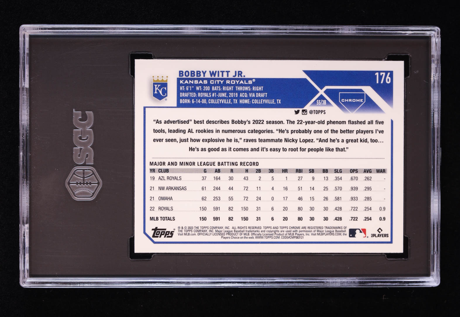 Bobby Witt Jr. 2023 Topps Chrome Negative Refractors #176 (SGC 10) at PristineAuction.com Bobby Witt Jr. 2023 Topps Chrome Negative Refractors #176 (SGC 10) at PristineAuction.com