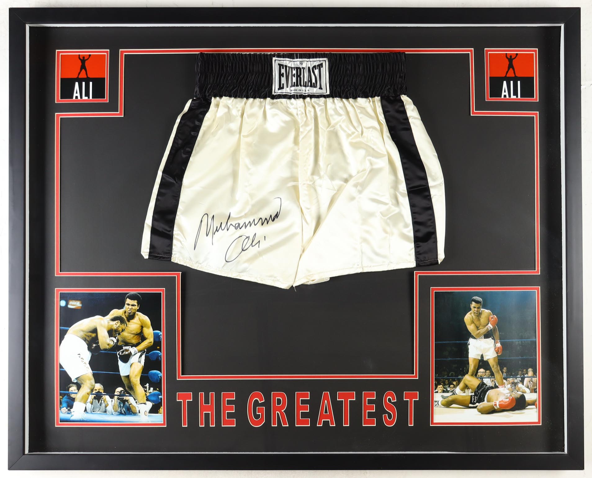 Muhammad Ali Signed 33.5x41.5 Custom Framed Boxing Trunks and Photo Display (Beckett) at PristineAuction.com Muhammad Ali Signed 33.5x41.5 Custom Framed Boxing Trunks and Photo Display (Beckett) at PristineAuction.com
