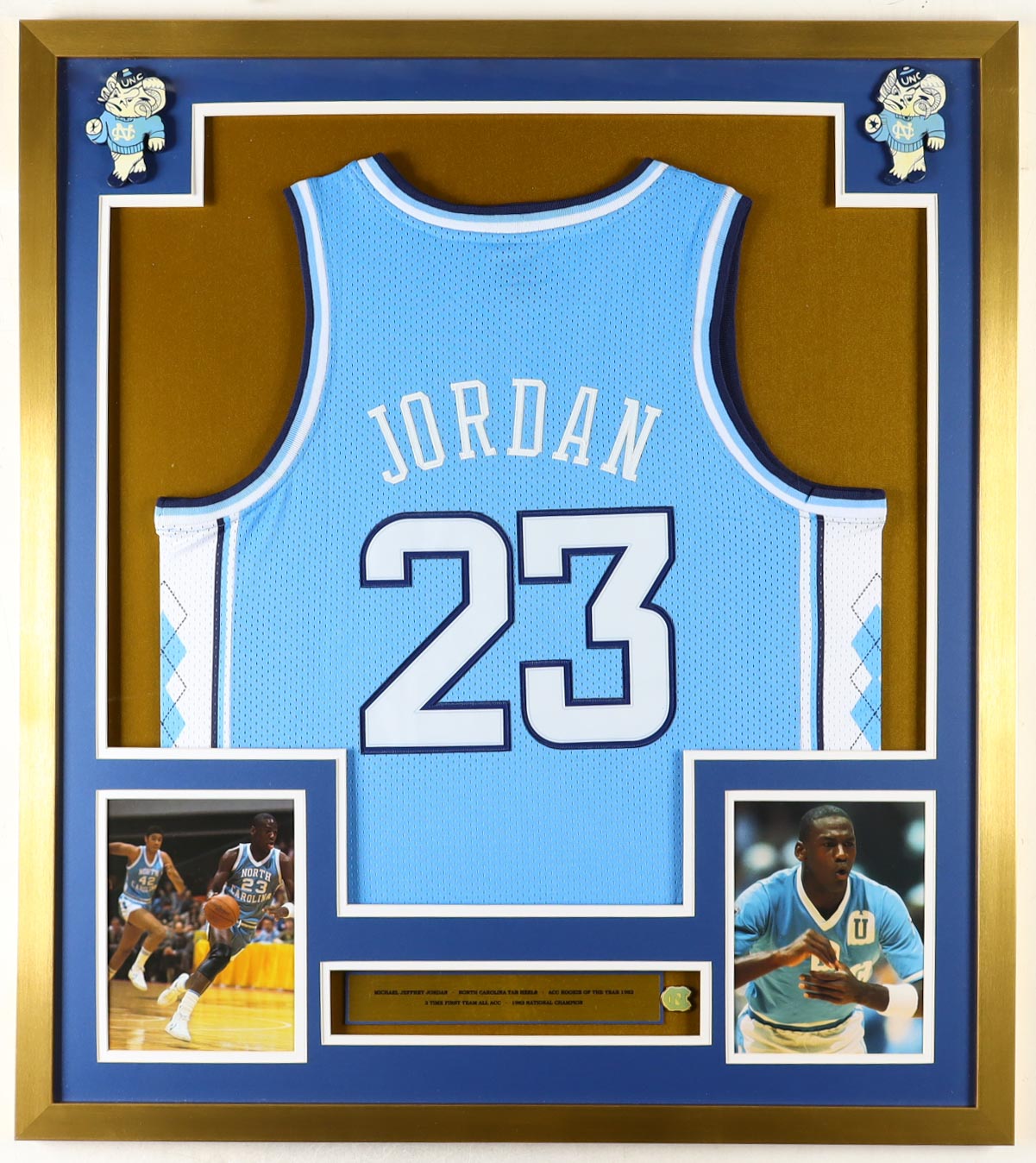 Michael Jordan North Carolina Tar Heels Custom Framed Jersey Display With Vintage Tar Heels Pin & (2) Tar Heels Ceramic Pins at PristineAuction.com Michael Jordan North Carolina Tar Heels Custom Framed Jersey Display With Vintage Tar Heels Pin & (2) Tar Heels Ceramic Pins at PristineAuction.com