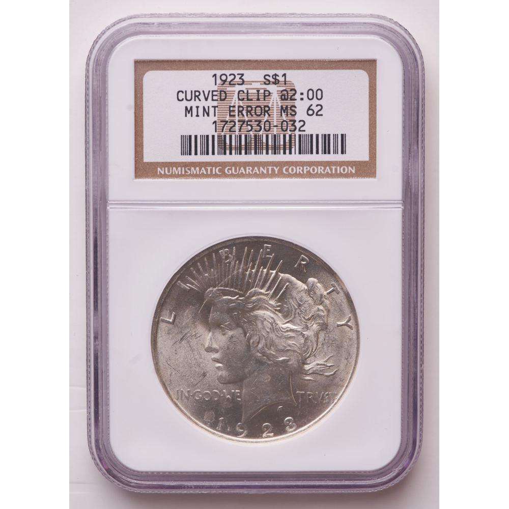 Mint Error 1923 Peace Silver Dollar Curved Clip @ 2:00 (NGC MS62) at PristineAuction.com